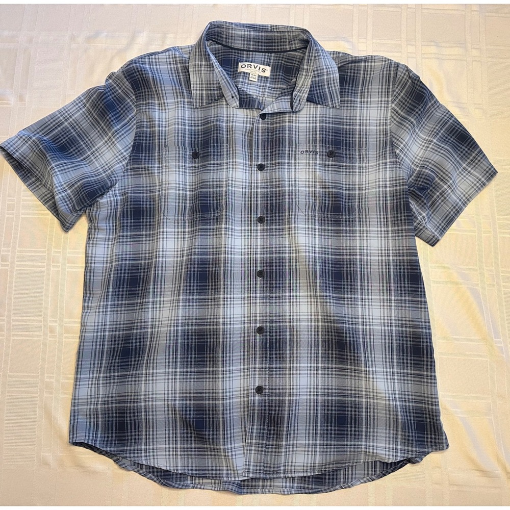 Orvis Shirt Mens XL Blue Plaid Classic Collection Short Sleeve Button Down